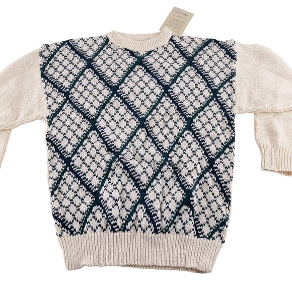 Ash Creek Trading XL Fair Isle Sweater 100% Cotton Ivory & Navy Diamond Pattern - Picture 1 of 5